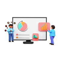 3d render do homem de negocios e mulher apresentando infográfico diagrama a partir de Área de Trabalho. png