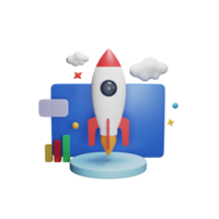 3D Business Startup Concept With Project Rocket Launching From Desktop, Bar Graph png