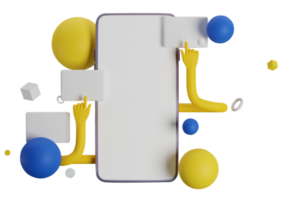 3D Render of Smartphone With Geometric Elements, Thumbnails, Hands. png