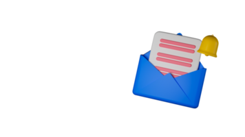 3d rendre de email ou lettre à l'intérieur enveloppe et notification cloche élément. png
