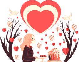San Valentín día antecedentes con joven niña personaje, postres, globos, papel corazones, desnudo arboles y volador palomas png
