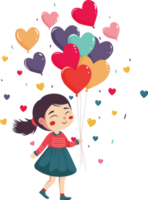 Cute Young Girl Holding A Bunch of Colorful Heart Balloons. png