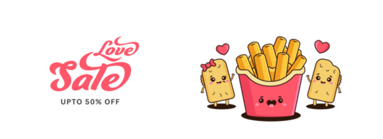 Liebe Verkauf Banner oder Header Design mit komisch Pizza Züge oder Kartoffel Paar und Französisch Fritten Kasten. glücklich Valentinstag Tag Konzept. png