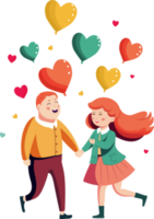 glad ung pojke och flicka karaktär innehav händer tillsammans med färgrik hjärta ballonger. png