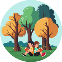 Character of Boy And Girl Sitting Back To Each Other While Reading Book On Beautiful Nature Background. png