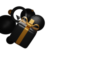 Black Gift Box with Golden Ribbon, and Abstract Balls on PNGs Background.