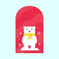 Illustration Of Scarf Wearing Polar Bear With Snowfall At Window On Red And Blue Background. vector