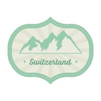 Green And Grey Switzerland Label Or Stamp Design With Mountain With Rays Background. vector