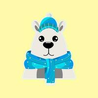 Cute Polar Bear In Hat With Scarf Against Yellow Background. vector