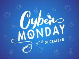 Cyber Monday text with wired mouse on blue shopping pattern background for 2nd December Sale. vector