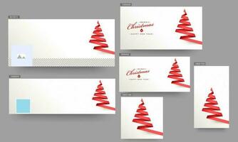 Social Media Header, Poster and Template Design with Creative Xmas Tree made by Red Ribbon on White Background for Merry Christmas and Happy New Year Celebration. vector