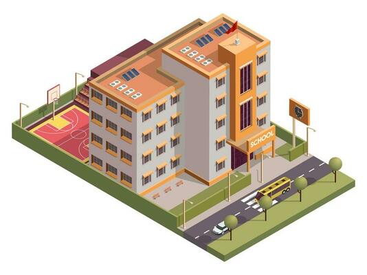 Isometric school skyline building with clock board and basketball ground along vehicle street background.