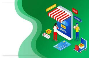 Isometric illustration of online shop in smartphone with payment card and gift boxes on green abstract background for Advertising concept. vector