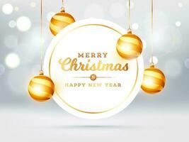 Merry Christmas and Happy New Year text in circular frame with hanging baubles decorated on white bokeh effect background. Can be used as greeting card design. vector