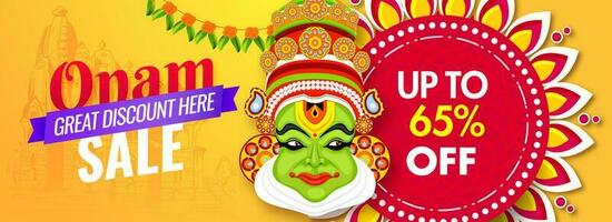 Website header or banner design with illustration of Kathakali dancer face and discount offer for Onam Festival Sale. vector