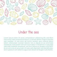 Square banner or poster with hand drawn seashells, barnacles. sketch vector illustration. banner or leaflet layout for fish restaurant and seafood market.