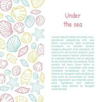 Square banner or poster with hand drawn seashells at the left, sketch vector illustration. banner or leaflet layout for fish restaurant and seafood market.