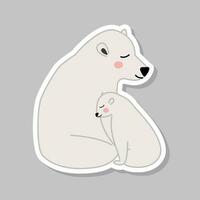 Sticker Style Polar Bear Hugging Baby On Grey Background. vector