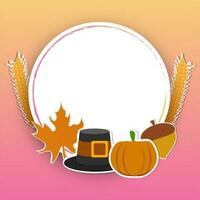 Sticker style pilgrim hat, pumpkin, wheat ear, acorn, maple leaf and empty circular frame given for your message on pink and yellow background. vector