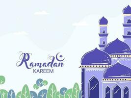 Ramadán kareem fuente con mezquita y árbol en blanco antecedentes. vector