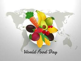 Top view of fruits with corn and carrot on plate with white world map background for World Food Day concept. vector