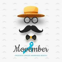 Creative man face made by fedora hat with glasses, mustache, bow tie and Aids ribbon illustration for Movember, Prostate Cancer Awareness Month concept. vector