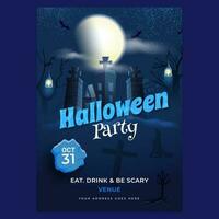 Halloween Party invitation card design with haunted house and event details on full moon night background. vector