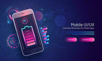 Percentage battery charging in isometric smart phone on hi-tech circuit background for Mobile UI UX concept based landing page design. vector