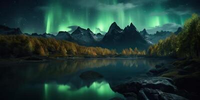 . Photo realistic illustration of aurora northern light. Adventure expidition vibe. . Graphic Art