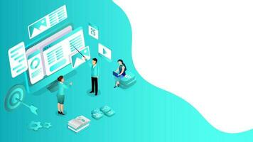 Isometric illustration of miniature business people fixing the problem on computer with multiple screens for Data management or Web Development concept. vector