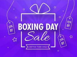 Boxing Day Sale text in creative gift box with hanging tag of different discount offer on purple rays background for Advertising. vector