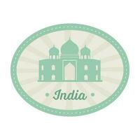 Green And Grey Taj Mahal With Rays On Oval Background For India Stamp Or Label Design. vector