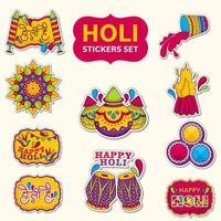 Vintage Style Holi Sticker Collection On Cosmic Latte Background. vector