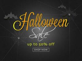 Advertising banner or poster design with spider web, bats and discount offer for Halloween Sale. vector