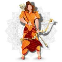 Faceless character of Lord Lakshman holding bow arrow on mandala pattern background. vector