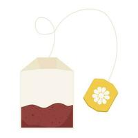 Tea bag herbal, paper tag with rope in cartoon style isolated on white background. Vector illustration