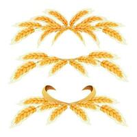 Set Wreath border from spikelets, golden color wheat horizontal frame in cartoon style isolated on white background. For bakery, tags or labels. Vector illustration