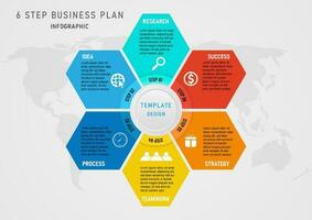 Modern template infographic 6 steps business planning success circle with multicolored geometric shapes and white icons. Button in the center of the map below a clean gray gradient background. vector