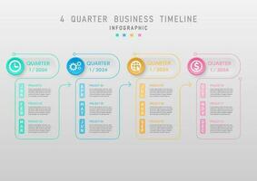 modern infographic simple clean business planning 4 quarter multicolored circle timeline with icons and the end line has a circle with an arrow month abbreviation gray gradient background vector