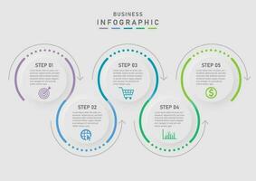 5 Step Modern Business Plan Infographic Template simple circle clean lines multi color dots and arrows icon with letters gray background design for marketing, finance, investment, product vector