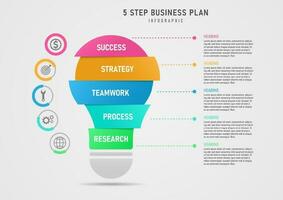 Modern Template Multi Color Segmented Light Bulb Infographic 5 Steps Business Plan Success Circle with Color Bars and Icons in the Center Dotted Line clean gray gradient background vector
