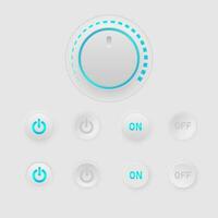 Modern screen interface The knob has a level indicator and a set of switches. circle rubber button clean center light icon gray background vector