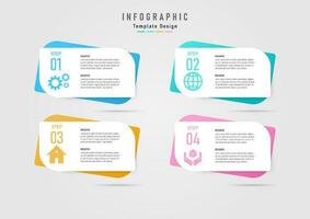 Minimal template simple infographic 4 steps business planning square multi pastel colors with numbers icons left side right letters on white background. gray gradient background design for product vector