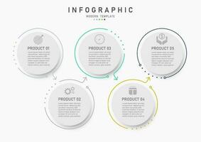 moderno negocio infografía modelo producto 5 5 circular sencillo limpiar línea contorno multi de colores puntos y flecha íconos con tipografía blanco antecedentes vector