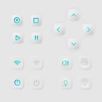 Modern screen interface Set of 4 control push button switches with clean square rubber buttons. center light icon gray background vector