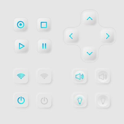 Modern screen interface Set of 4 control push button switches with clean square rubber buttons. center light icon gray background