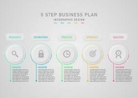 Modern Infographic 5 Steps to Successful Business Planning The circle button has a multi-colored outline. Icon in the middle of the top square button. gray clean background vector