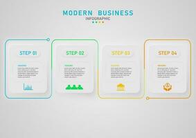 modern business 4step square infographic with top button clean white, multicolored outline Bottom icons, gray gradient background, design for marketing, product, investment, finance, planning. vector