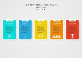 infographic template 5 steps business planning for success bright multi colored squares with dotted lines Bottom white icon, clean gray gradient background, design for marketing, product, project vector