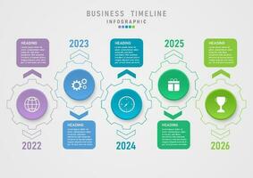 modern business 5 years timeline outline multi colored circle cogs with icons in the center arrows with multicolored square numerals with white letters gray gradient background for template vector